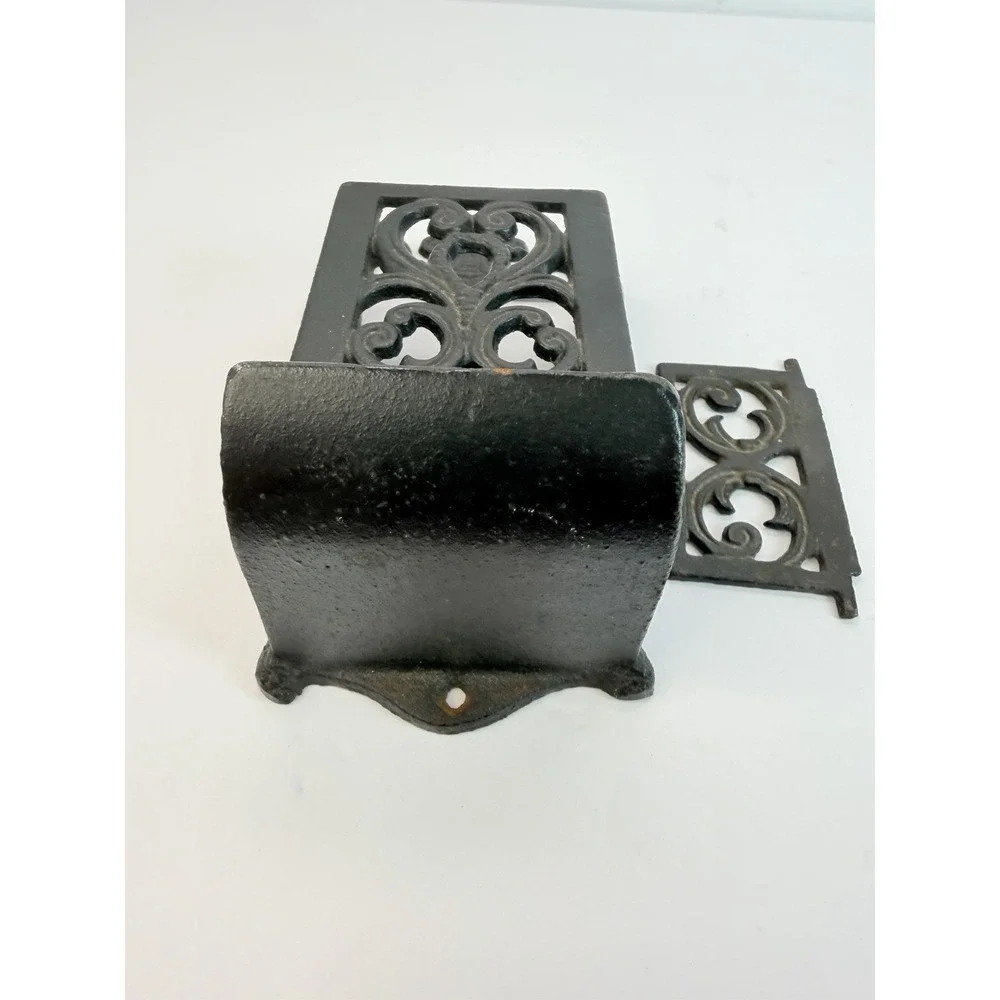Black Ornate Cast Iron Wall Mount Match Box Holder Dispenser Vintage Decor
